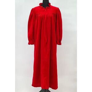 Vintage Red Velour Nightgown Medium Christmas High Neck Ruffled Neck Cottagecore
